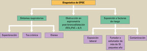 Protocolo diagnostico de la enfermedad pulmonar obstructiva cronica (EPOC). FEV1: volumen espirado forzado en el primer segundo; FVC: capacidad vital forzada. Protocolo diagnostico de la enfermedad pulmonar obstructiva cronica (EPOC). FEV1: volumen espirado forzado en el primer segundo; FVC: capacidad vital forzada.