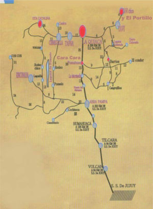 Localidades de Jujuy muestreadas para el diagnóstico de hidatidosis (círculos rojos). Octubre de 2006.