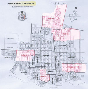 Manzanas muestreadas en el área urbana. Villazón: se indica en color rosado las Organizaciones Territoriales de Base (OTB) muestreadas. Octubre de 2006.
