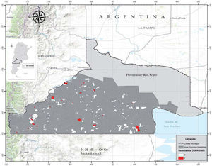 Distribución espacial de establecimientos ganaderos (UE) evaluados mediante detección de coproantígenos en materia fecal canina. Provincia de Río Negro, 2009–2010.
