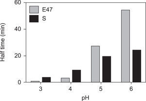 Half-life values (min) of laccase produced by S and E47 strains at different pH values at 70°C.