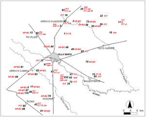 Map with the locations of all the dairy farms visited (n=45), showing the spatial distribution of Escherichia coli virulence profiles in each farm. Córdoba, Argentina. NP-EC, non-pathogenic E. coli.
