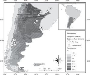 Map of temperatures of Argentina. The gray scale shows the average annual temperature ranges throughout the country. Triangles indicate the points where Diphyllobothrium sp. was reported in Canis familiaris (listed chronologically): (a) Villa Celina, Buenos Aires; (b) Lago Puelo, Chubut; (c) Riparian zones, Buenos Aires; (d) Corrientes city, Corrientes; (e) Traful lake, Neuquén; (f) Recreo city, Santa Fe; (g) Bariloche city, Río Negro. The pentagon symbol indicates the findings reported here, Puerto Iguazú, Misiones (h). Parallel lines indicate the Argentine provinces where positive dogs to this tapeworm were diagnosed. The inset in the upper right corner shows the locations of Argentina (dark gray) in South America (light gray).