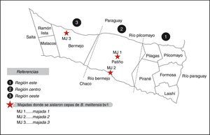 Regiones agroecológicas este, centro y oeste de la provincia de Formosa y departamentos que las componen. Localización de las 3 majadas caprinas infectadas con Brucella melitensis bv. 1.