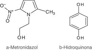 (a) Molecular structure of Metronidazol; (b) molecular structure of Hidroquinona.