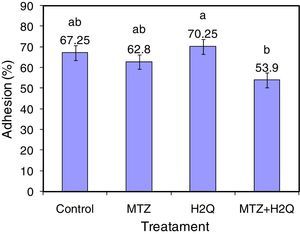 Adhesion (%) of Lactobacillus acidophilus ATCC 314 to ovine epithelial cells in systems treated with metronidazole (MTZ), hydroquinone (H2Q) and metronidazole plus hydroquinone. Similar letters indicate that there are no statistical significant differences (p<0.05).