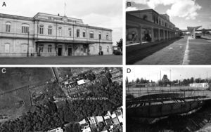 Actual photographs of La Plata Provincial Railway Station. Panel A: Front view of the central station building. Panel B: Back view of the central station building. Panel C: Aerial view of the location of the locomotive turntable (34°56′16″S and 57°56′13″W) and Panel D: locomotive turntable status.