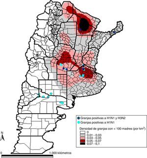 Granjas positivas a influenza H1N1 y a H1N1- H3N2, superpuestas sobre la densidad de granjas con menos de 100 madres por km2.
