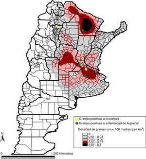 Granjas positivas a brucelosis y enfermedad de Aujeszky, superpuestas sobre la densidad de granjas con menos de 100 madres por km2.