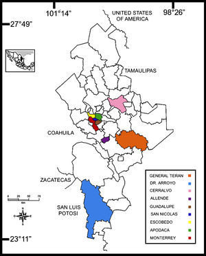 Map of Nuevo León showing the sampled localities; a rural zone (General Terán, Dr. Arroyo and Cerralvo); a suburban county (Allende) and an urban area (Apodaca, Escobedo, Guadalupe, Monterrey, and San Nicolás).