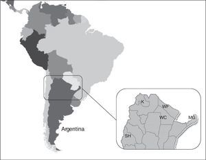 Geographical distribution of five Amerindian populations in Argentina. K: Kolla (Northwest; Puna Jujeña); MG: Mbya-guarani (Northeast); WF: Wichis from Formosa; WC: Wichis from Chaco (Chaco region); SH: Sagua-Huarpe (Central region).