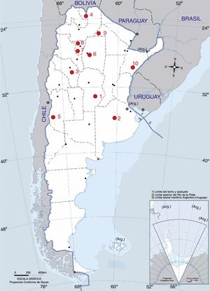 Argentine areas where Creole sheep were sampled. 1 – Río Cuarto; 2 – 25 de Mayo; 3 – La Junta; 4 – Iruya; 5 – Malargue; 6 – Caspi Corral; 7 – Tafí del Valle; 8 – Colalao del Valle; 9 – Taco Pozo; 10 – Sauce.