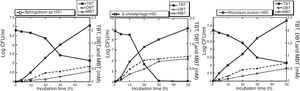 Growth of Sphingobium sp. HS1, Stenotrophomonas chelatiphaga HS2 and Rhizobium borbori HS5 on 2mM TBT as a carbon source. Growth was monitored by following colony-forming units (CFU), TBT depletion and formation of DBT and MBT were assessed by GC.