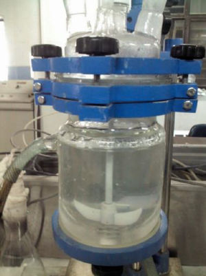 Glass reactor with a mechanic stirrer operating.