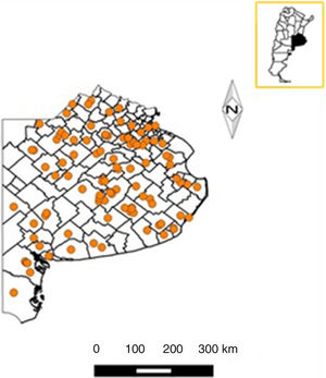 Spatial distribution of the veterinaries of large animals practice who were selected in the Province of Buenos Aires, Argentina (n=106).