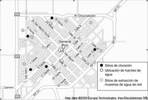 Mapa de la ciudad de General Pico con los sitios de muestreo.