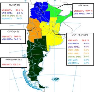 Map of Argentina showing the frequency of genotypes and mating types by regions. The map was adapted from the “Instituto Geográfico Nacional” web page (http://www.ign.gob.ar). NOA: Northwest; NEA: Northeast.
