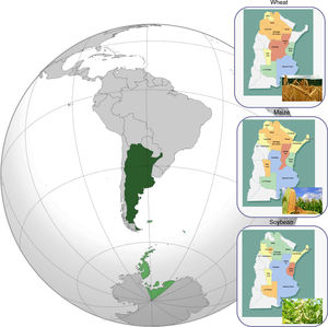 Main crops grown in Argentina. Scale: less than 100,000 tn, between 100,000 tn and 500,000 tn, between 500,000 tn and 1,500,000 tn, between 1,500,000 tn and 4,000,000 tn, between 4,000,000 tn and 6,000,000 tn.