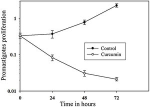 Curcumin inhibits the proliferation of L. major promastigotes. Promastigotes were cultured in 96-well plates and were either sham-treated (DMSO) or challenged with curcumin (80μM) for the indicated periods of time, and then cell proliferation was assessed by the MTT assay. Error bars represent standard deviations of at least three different experiments.