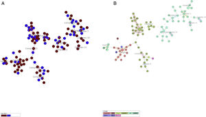 Minimum spanning tree cluster analysis. (A) Samples in red correspond to ICU samples; samples in blue correspond to community samples. Samples of both groups were present in all clusters. (B) Same analysis colored by lineage. LAM and Haarlem lineages correspond to the most frequent isolates.