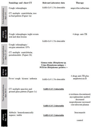 Timeline of symptom onset, chest CT, laboratory data, and treatment.