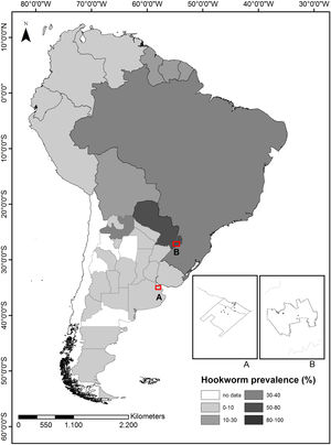 Sampling areas tested for hookworm infections. Buenos Aires and Misiones sampling areas are indicated (A and B, respectively). Distribution of human hookworm infections reported for Argentinian provinces and other South American countries was also indicated, showing the mean prevalence value for each geographic area. Adapted from 7, 11, 17, 29, 33, 37, 47. This map was created using QGIS 3.4.14 Madeira (version 3.4.14 Madeira), s. f. https://www.qgis.org/en/site/.