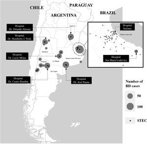 Geographic distribution of bloody diarrhea and STEC-positive bloody diarrhea cases. Map data obtained from © OpenStreetMap contributors. Data is available under the Open Database License https://www.openstreetmap.org/copyright.