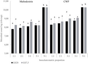 Viability of L. reuteri DSPV002C in macrocapsules with different proportions of inoculum:matrix after lyophilization. GS20: 10% w/v gelatin+10% w/v pregelled starch; GS7.5: 10% w/v gelatin+5% w/v pregelled starch.