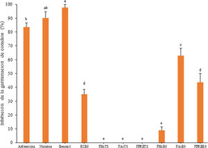 Inhibición de la germinación de conidios de C. gloeosporioides por el extracto crudo de Bacillus sp. CPO 4.279 (EcB9) a una concentración de 8,0μg/ml y de sus distintas fracciones orgánicas: FHxB9: baja polaridad; FAcB9: mediana polaridad; FPREB9: precipitado. Control negativo: mismas fracciones orgánicas del CTS. Control positivo: anfotericina B (8μg/ml), nistatina (12μg/ml) y benomil (1,0μg/ml). Las letras indican las diferencias significativas (Tukey, p <0,05). CTS: caldo de tripticasa soya; C. gloeosporioides: Colletotrichum gloeosporioides.