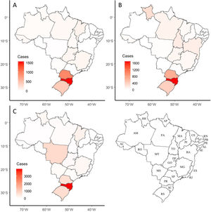Distribution of the number of bovine brucellosis cases notified to the Official Veterinary Service (MAPA, 2021) in the years 2017 (A), 2018 (B) and 2019 (C) in the different Federation Units (RS: Rio Grande do Sul; SC: Santa Catarina; PR: Paraná; SP: São Paulo; MS: Mato Grosso do Sul; RJ: Rio de Janeiro; ES: Espírito Santo; MG: Minas Gerais; DF: Distrito Federal; GO: Goiás; MT: Mato Grosso; RO: Rondônia; AC: Acre; AM: Amazonas; RR: Roraima; AP: Amapá; PA: Pará; MA: Maranhão; TO: Tocantins; BA: Bahia; PI: Piauí; CE: Ceará; RN: Rio Grande do Norte; PB: Paraíba; PE: Pernambuco; AL: Alagoas; SE: Sergipe).