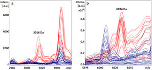 Spectra obtained from S. Enteritidis (red) and non-S. Enteritidis (blue); (a) 3016Da peak and (b) 6034Da peak. Some spectra of the evaluated isolates are displayed, showing the presence of the biomarkers in S. Enteritidis serovar.