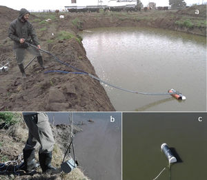 Device used for sampling. (a) Water extraction pump system with manual pump; (b) sediment collection dredge; and (c) surface buoy for Moore swabs.