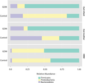 Relative abundance of phyla in the analyzed samples, merged by health condition. GDM samples were obtained from women with gestational diabetes and their children, while non-GDM samples refer to those obtained from healthy women without gestational diabetes and their children. GutL: infants’ gut; GutM: mothers’ gut; HBM: human breast milk; GDM: gestational diabetes mellitus.