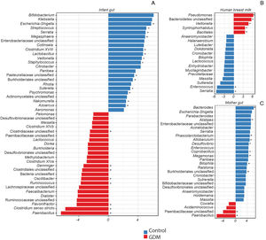 Linear discriminant analysis (LDA) with effect size (LefSe) showing bacterial genera with significant differential abundance among GDM and non-GDM groups. (A) Bacterial genera with significant differential abundance in the gut of non-GDM (blue) and GDM (red) infants. (B) Bacterial genera with significant differential abundance in the gut comparing non-GDM (blue) and GDM (red) in HBM. (C) Bacterial genera with significant differential abundance in the gut of non-GDM (blue) and GDM (red) women. *Denotes statistically significant values determined using edgeR as an additional tool. GDM: gestational diabetes mellitus.