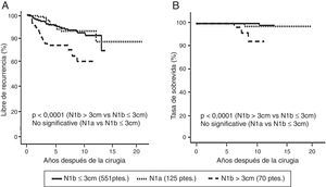 A) Curva de Kaplan y Meier. Tasa de sobrevida libre de recurrencia de enfermedad en pacientes N1b con metástasis ganglionares>3cm, aquellos con metástasis≤3cm y pacientes N1a. B) Curva de Kaplan y Meier. Tasa de sobrevida específica en pacientes con N1b con metástasis ganglionares > 3cm, aquellos con metástasis ≤3cm y pacientes con N1a. Adaptado Ito et al.8.