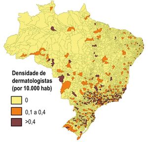 Distribution of the levels of density of SBD dermatologists (2017) for every 10,000 inhabitants in the 5570 Brazilian municipalities (Moran’s I = 0.06; p < 0.01).