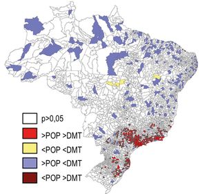 Analysis of local indicators of spatial association (LISA) related to the density of dermatologists of the SBD (DMT) and to the population (POP) of the 5570 Brazilian municipalities. Municipalities with significantly higher (>) or lower (<) DMT and POP.
