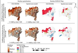Spatial distribution of the coefficients of detection of new cases of Hansen’s disease in the general population and in younger than 15 years of age and the coefficient of new cases with grade II physical disability softened by the empiric local Bayesian model. Bahia-Brazil, 2001-2015 Source: Author