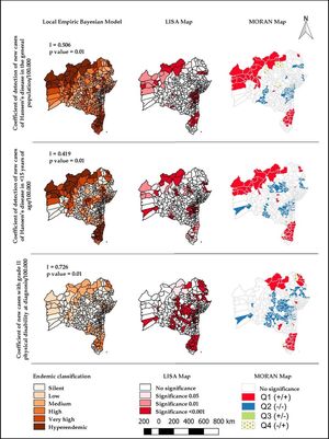 Spatialization and Moran Map of the residues of the models of classic regression (OLS) and Spatial Error of the coefficients of detection of new cases of Hansen’s disease in the general population and in younger than 15 years of age. Bahia-Brazil, 2001-2015 Source: Author