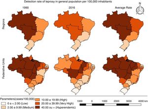 Spatial pattern of detection rates of new leprosy cases in the general population of Brazil, from 1990 to 2016.