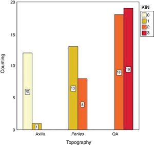 Distribution of the keratinocyte intraepithelial neoplasia (KIN) evaluation according to topography.