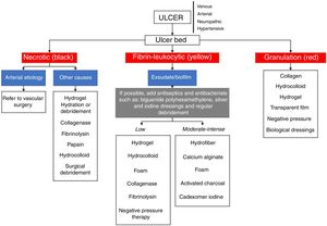 Flowchart with the main therapeutic measures according to the characteristics of chronic skin ulcers.