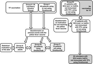 Data collection flowchart between CU patients immunized and not immunized with the Yellow Fever Vaccine (YFV) and healthy individuals immunized with the same vaccine.