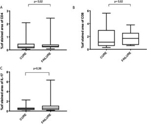 (A), CD4+ T; (B), CD8+ T; (C), IL-17 expression in healed and persistent lesions 2 months after treatment.