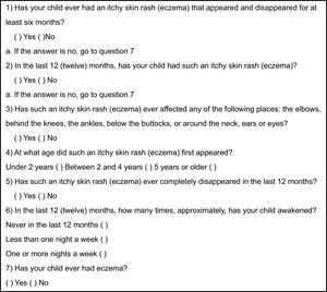 ISAAC Written Atopic Eczema questionnaire (WAEQ) for children between 6 and 7 years of age.
