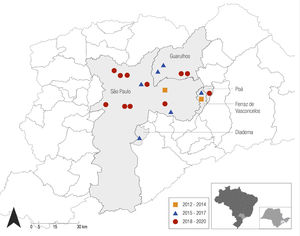 Distribution of autochthonous cases in Greater São Paulo. The locations identified on the map follow the progression in the three-year periods: two cases from 2012 to 2014, six cases from 2015 to 2017, and eleven cases from 2018 to 2020.