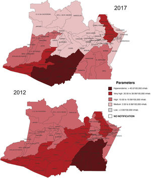 Detection rates of new leprosy cases per region of the state of Amazonas, 2012 and 2017.