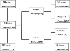 Flowchart specifying the results separately for BCC and SCC, regarding primary and recurrent tumors and the recurrence rate, which is shown as percentage.