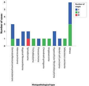 Number of stages required for complete tumor excision according to the diagnosis or treated lesion.