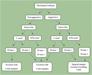 Algorithm for optimal surgical margin of primary basal cell carcinoma. a H zone; “mask areas” of the face (central face, eyelids, eyebrows, periorbital, nose, lips [cutaneous and vermilion], chin, mandible, preauricular and postauricular skin/sulci, temple, ear), genitalia, hands, and feet. M zone; cheeks, forehead, scalp, neck, and pretibia. L zone; trunk and extremities (excluding pretibia, hands, feet, nail units, and ankles).